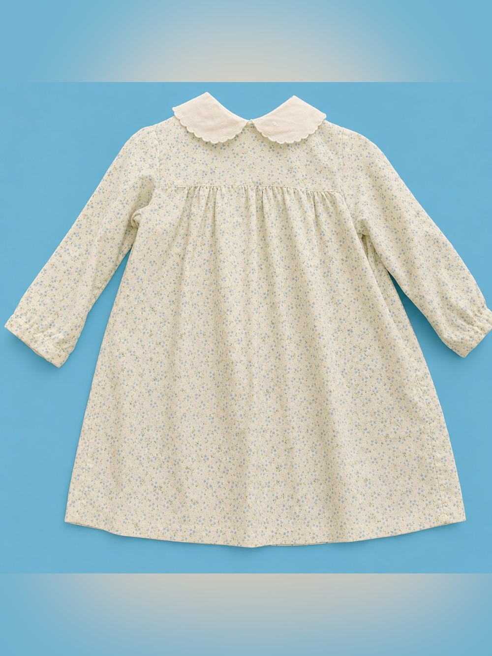 Vintage Cacharel  Cream with Blue Floral Long-Sleeve Girls Dress